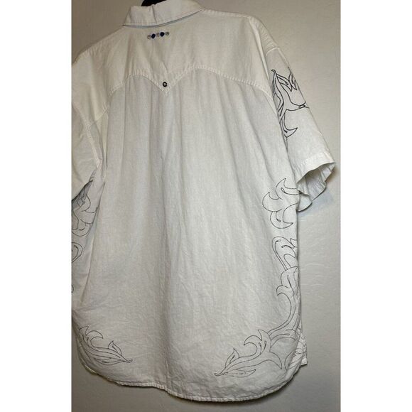 COOGI Button Up Shirt Mens 3XL Blue Embroidered Luxe Ivory Linen Y2K Hawaiian - Picture 7 of 12